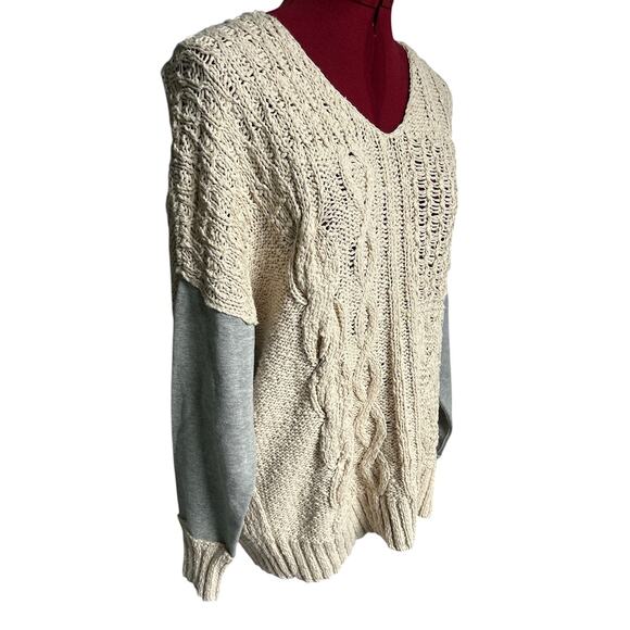 By Together Womens Small 100% Cotton Mix Media Cream Cable Knit V Neck Sweater - Picture 2 of 7